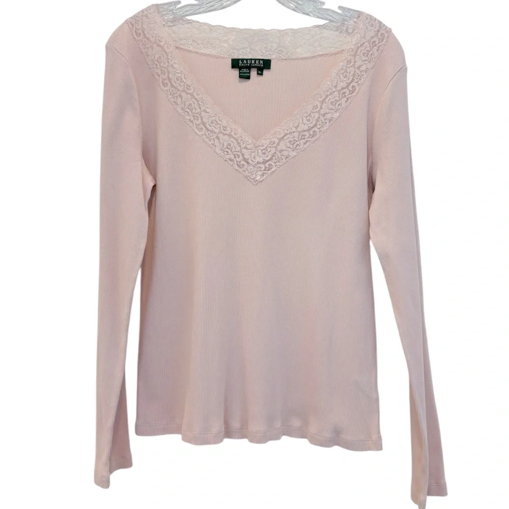 Lauren Ralph Lauren Lace Top Long Sleeve VNeck Ribbed Cottage Rose Pink Women XL